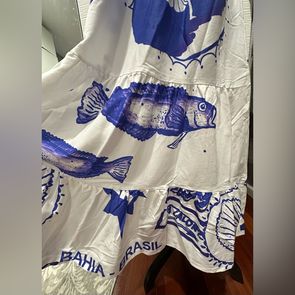 NWT Farm Rio Blue Maxi Dress - White Rainha Das Aguas T Shirt Maxi Dress - Picture 14 of 16